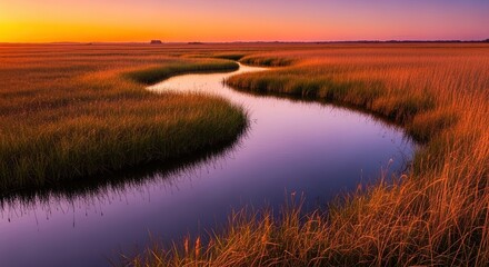 Obraz premium A serene fen landscape at sunset features calm water channels reflecting a vibrant sky, surrounded by golden marsh grasses and wild reeds, peaceful, foggy, aquatic