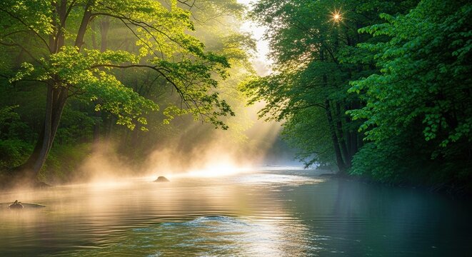 A serene river flows through a lush green forest at dawn, with soft morning light filtering through the dense canopy and mist on the water, vibrant, outdoor, forest