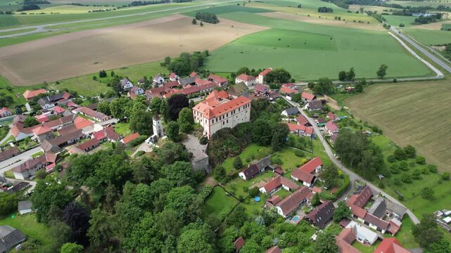 Kamen castle near Pelhrimov captured as aerial panorama historic landmark architecture in Czech countryside