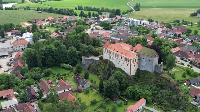 Kamen castle near Pelhrimov captured as aerial panorama historic landmark architecture in Czech countryside