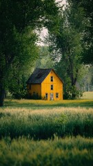 Obraz premium Yellow Barn House Surrounded by Lush Green Trees