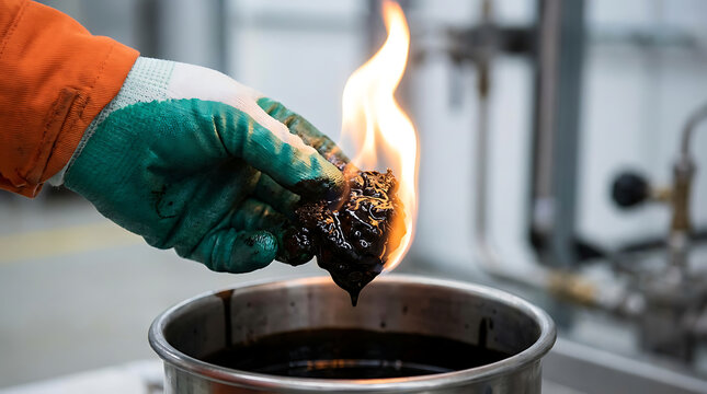 A gloved hand holds burning material over a metal container in an industrial setting.