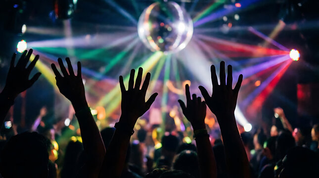 People raise hands at a vibrant party with a shining disco ball