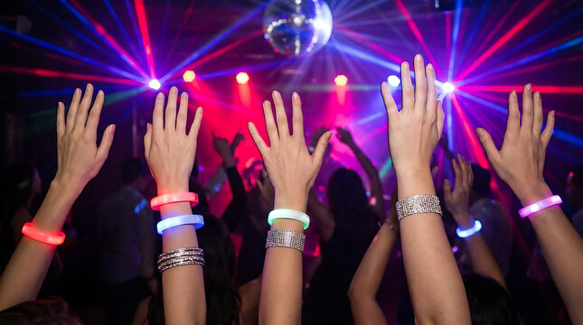 People dance at nightclub with hands raised wearing glow bracelets