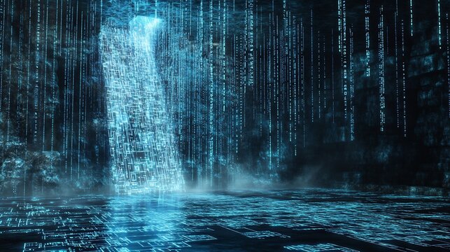 Digital waterfall made of binary code matrix rain cascading down