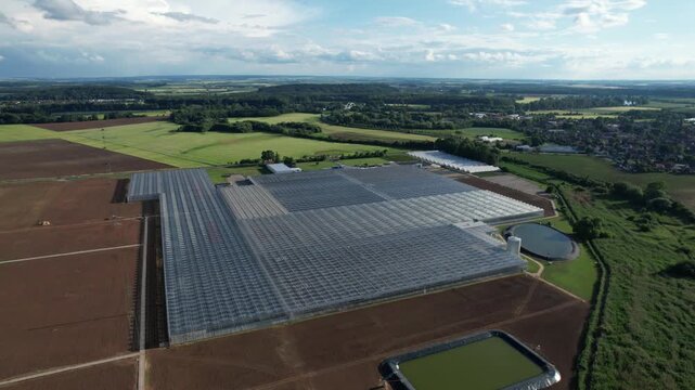 Large modern industrial greenhouses in flat landscape used for fruit and vegetable production captured as aerial panorama agriculture technology