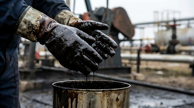 A gloved hand drips with oil over a rusty barrel near industrial equipment outdoors.