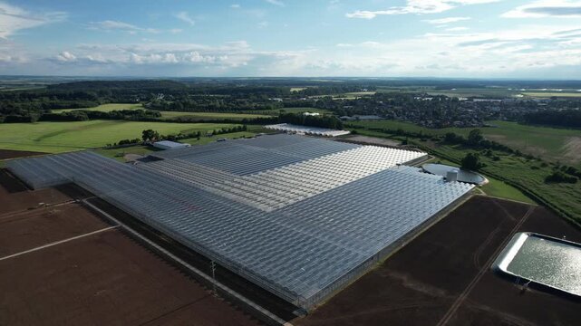 Large modern industrial greenhouses in flat landscape used for fruit and vegetable production captured as aerial panorama agriculture technology