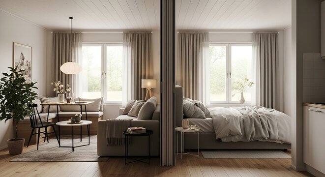 Scandinavian Studio Apartment Split View with Living Room and Bedroom, Neutral Tones Modern Interior Design