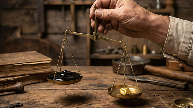 A hand holds scales with gold on a wooden workbench in an industrial workshop.