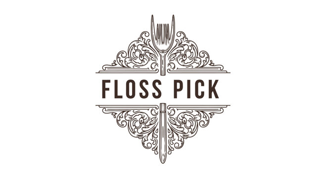 Vintage Engraved Floss Pick Logo Design with Ornate Flourishes