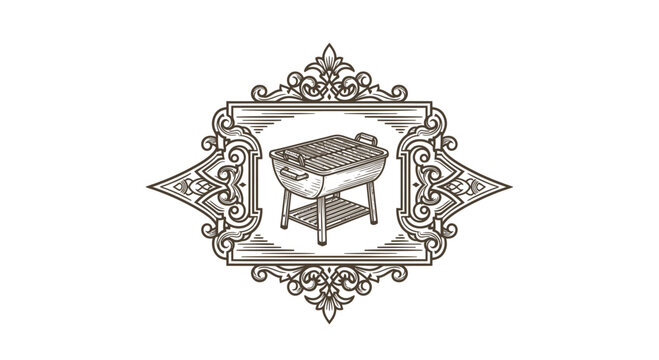 Vintage Engraved Barbecue Grill Emblem - Retro BBQ Illustration