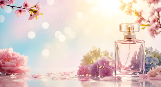 Luxury perfume bottle surrounded by spring peonies and hydrangea in soft dreamy light.