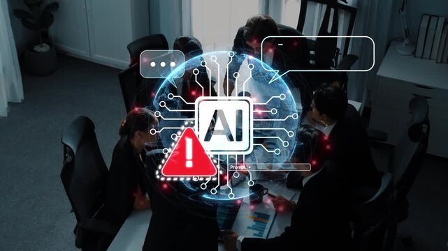 Professionals in a meeting discussing artificial intelligence innovations, depicted with a central AI symbol and warning icon, emphasizing the importance of addressing potential risks. Raster