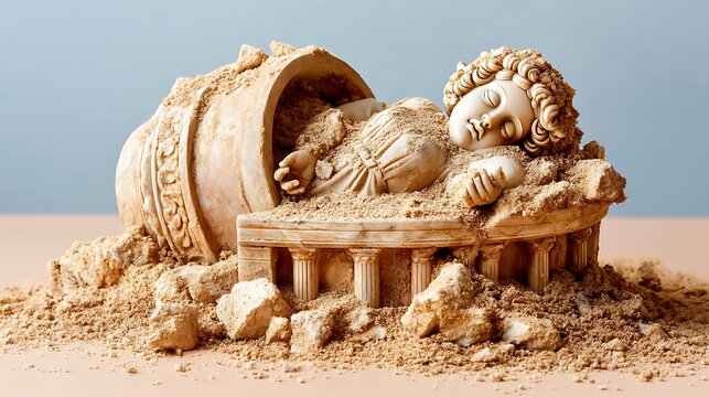 Stone lion statue reclining on a rocky surface with a desert and sky background, reclining lion