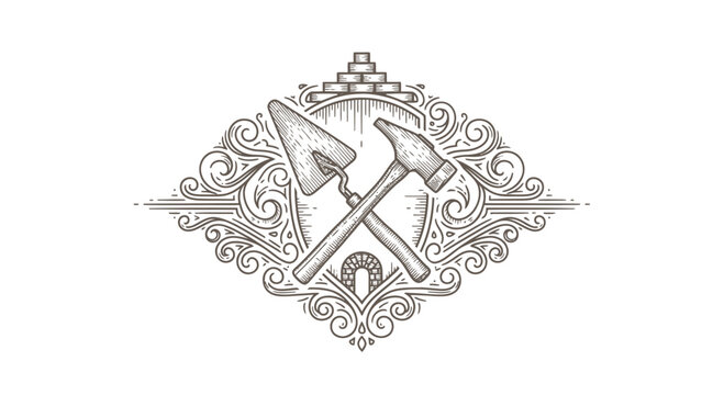 Vintage Engraved Masonry Tools Emblem with Ornate Swirls and Brick Arch