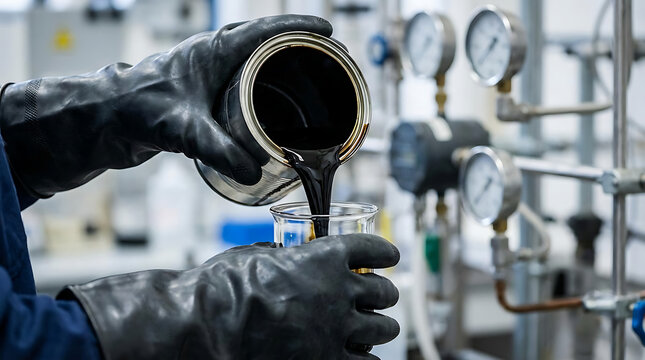 Worker pouring dark liquid from metal bucket into glass container in industrial setting with machinery