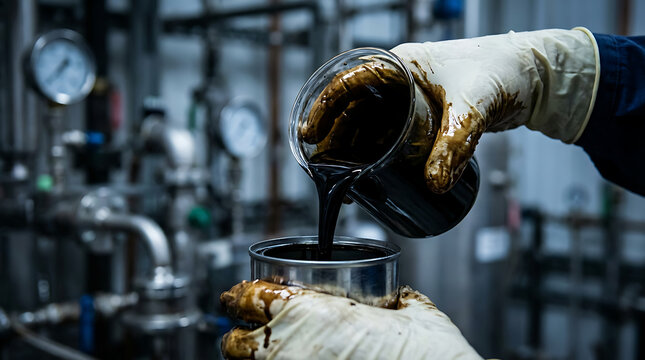 A gloved hand pours viscous liquid from a container into a metal cylinder in an industrial setting.