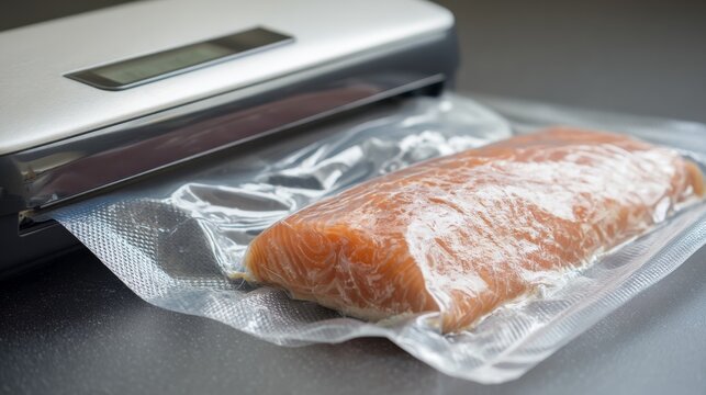 Salmon fillet sealed in vacuum bag next to vacuum sealer machine in bright light