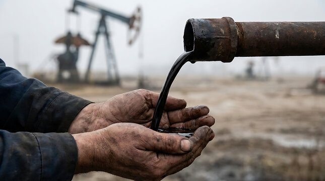Worker's hands covered in oil from a rusty pipe at an industrial site