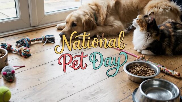 Golden retriever and calico cat resting with toys on a sunlit wooden floor