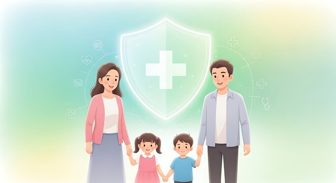A family standing in front of a shield with a medical cross