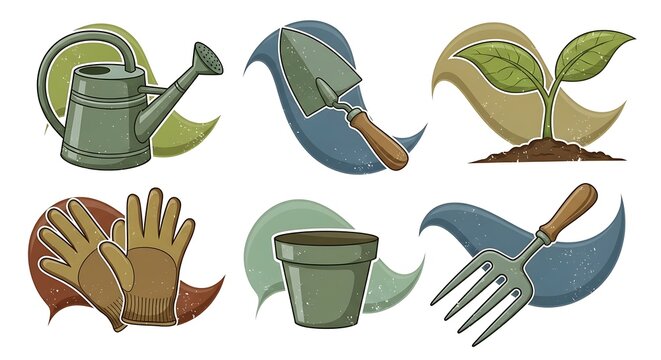 Colorful vector illustration of gardening tools and plant