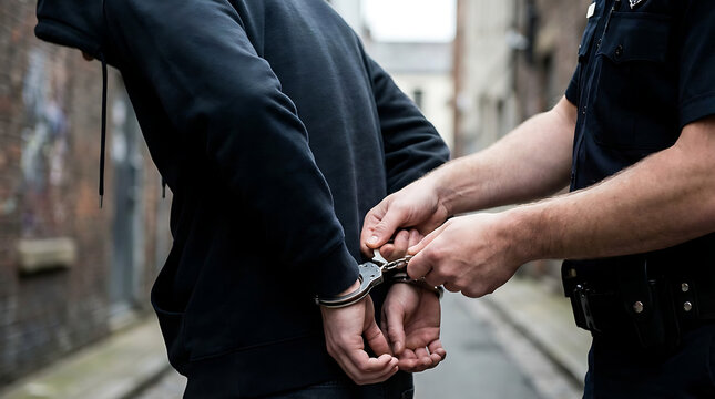 Police officer handcuffs suspect in dark alley during arrest