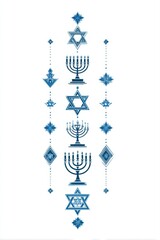 Naklejka premium Elegant Hanukkah Vertical Decorative Element Featuring Blue Star of David and Menorah Illustrations on a Clean White Background Perfect for Jewish Holiday Invitations Cards and Festive Stationery