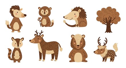 Fototapeta premium Set of cute cartoon animals and a tree in brown colors illustration