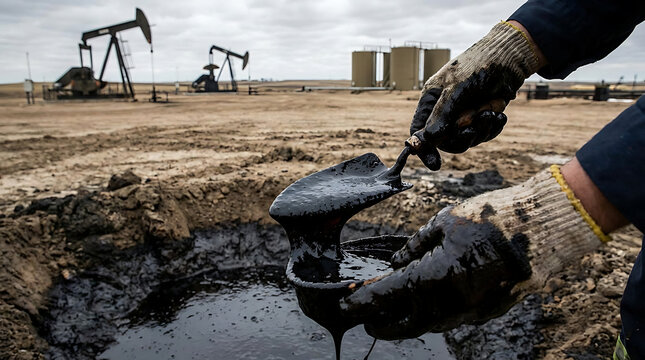 A worker's gloved hand scoops thick oil from a muddy pit near active oil pumps in an industrial landscape.