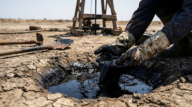 Worker handles oil spill on a dry landscape outdoors