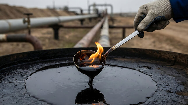 Worker ignites oil spill at industrial site with torch in hand