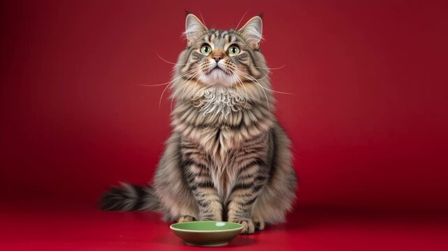 Fluffy tabby cat sitting by a green bowl on a red background. Long-haired cat looking up expectantly. Pet feeding and hunger concept. Studio portrait of a domestic feline