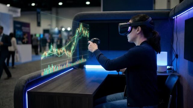 Intermediate investor immersed in virtual reality headset at simulation booth analyzing midlevel stock charts with softfocused surroundings highlighting interaction.