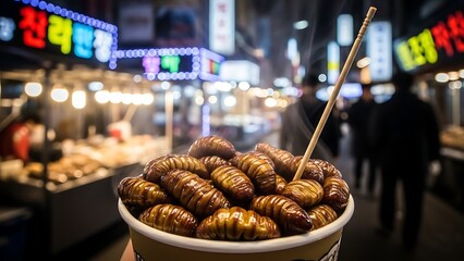 Sizzling Street Food Temptation: A close-up view of a paper cup brimming with silkworm pupae, skewered and ready to tantalize taste buds, amidst the bustling backdrop of a vibrant street food market.