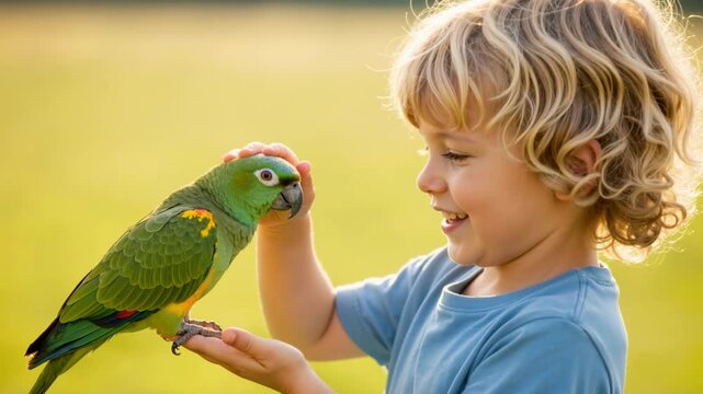 Happy little boy holding a green parrot on his hand outdoors. Child gently petting an exotic bird in a sunny park. Childhood and pet friendship concept