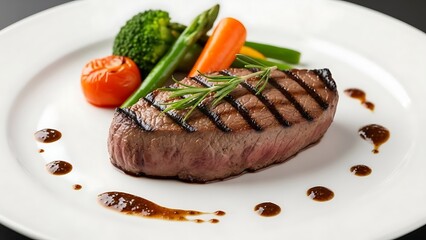Grilled Steak with Garden Vegetables: A mouthwatering grilled steak, expertly cooked to perfection, is presented alongside a colorful medley of fresh garden vegetables.