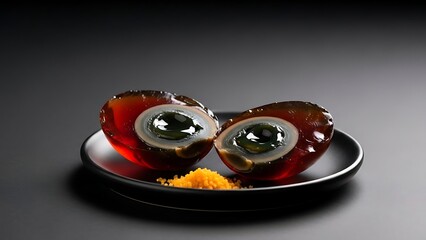 Century Egg Delights: A close-up view presents a pair of century eggs, each elegantly sliced in half and arranged on a simple plate, offering a unique culinary experience.