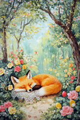 Fototapeta premium Fox sleeping on a blanket in a garden filled with flowers and trees during a sunny day