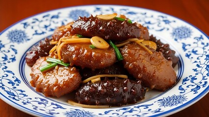 Delicious Sea Cucumber Dish: A visually appealing display of sea cucumber, expertly prepared and artfully arranged on an intricately patterned plate, inviting culinary exploration and appetite.