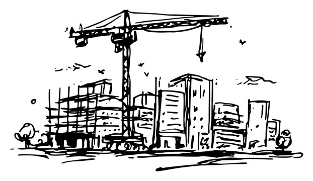 Tower crane at urban building construction site with city skyline hand drawn sketch