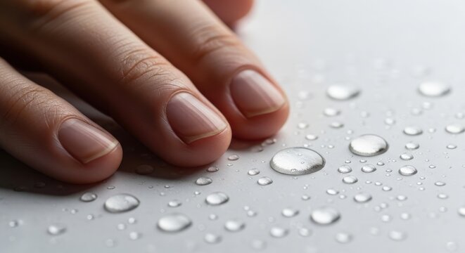 Close-up of a hand with water droplets on a white surface, demonstrating waterproof or non-stick technology with clear beads of water.