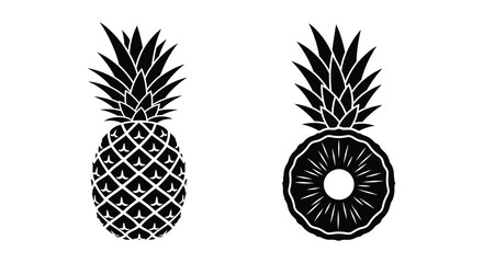 Obraz premium Two pineapples one whole and one sliced in black silhouette