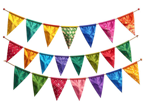 Festive bunting hanging in vibrant colors, perfect for a celebration or party decoration. The bunting is strung across, ready to be displayed on a transparent isolated background, PNG