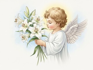 Obraz premium Little angel child holding white lily flowers. Cute baby with wing standing in prayerful pose. Religious spiritual artwork for Easter holiday celebration. Christian divine innocence.