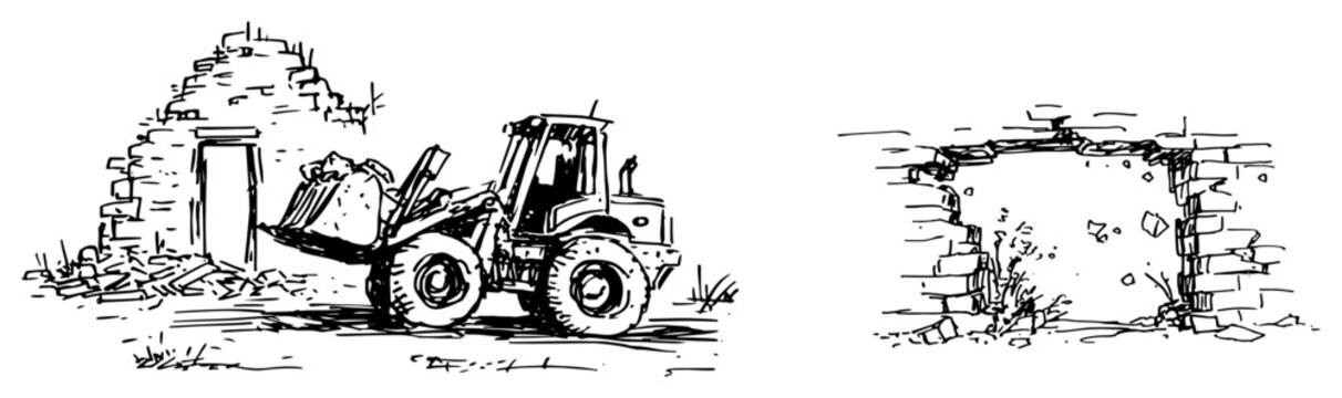 Bulldozer clearing debris and a jagged hole in a brick wall in a hand drawn sketch style