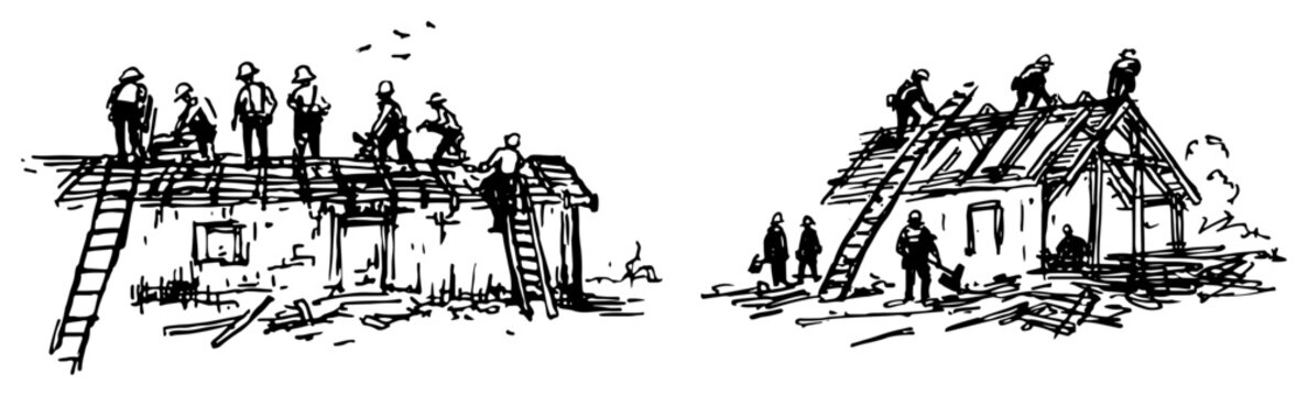 Construction workers building a wooden roof frame on a new house in a hand drawn sketch style