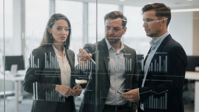 Group discussing tranche waterfalls for mortgage securitization concentrating on clear charts on glass while the surrounding team is out of focus.