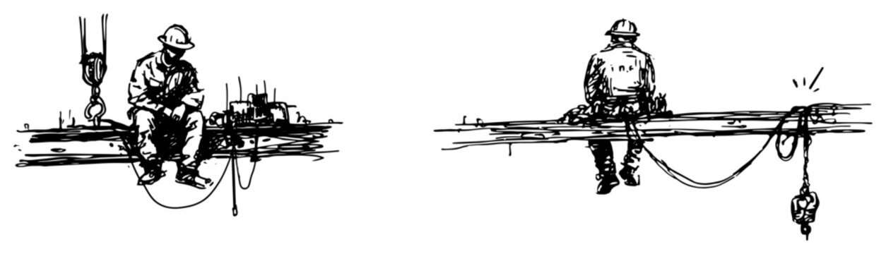 Ironworkers sitting on high steel beams at construction site in hand drawn sketch style